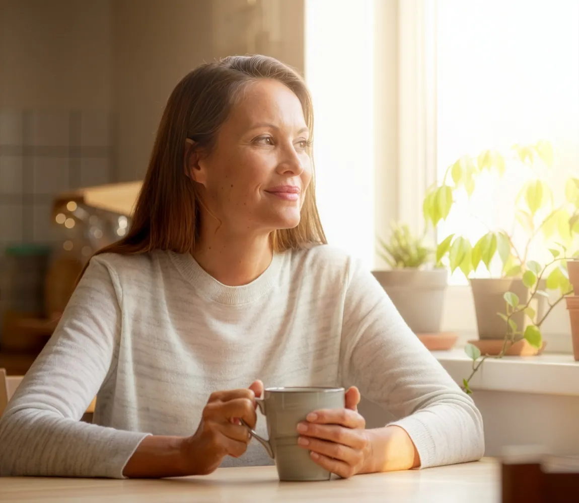 An adult at a kitchen table by a bright window in the morning, holding a mug and looking outside